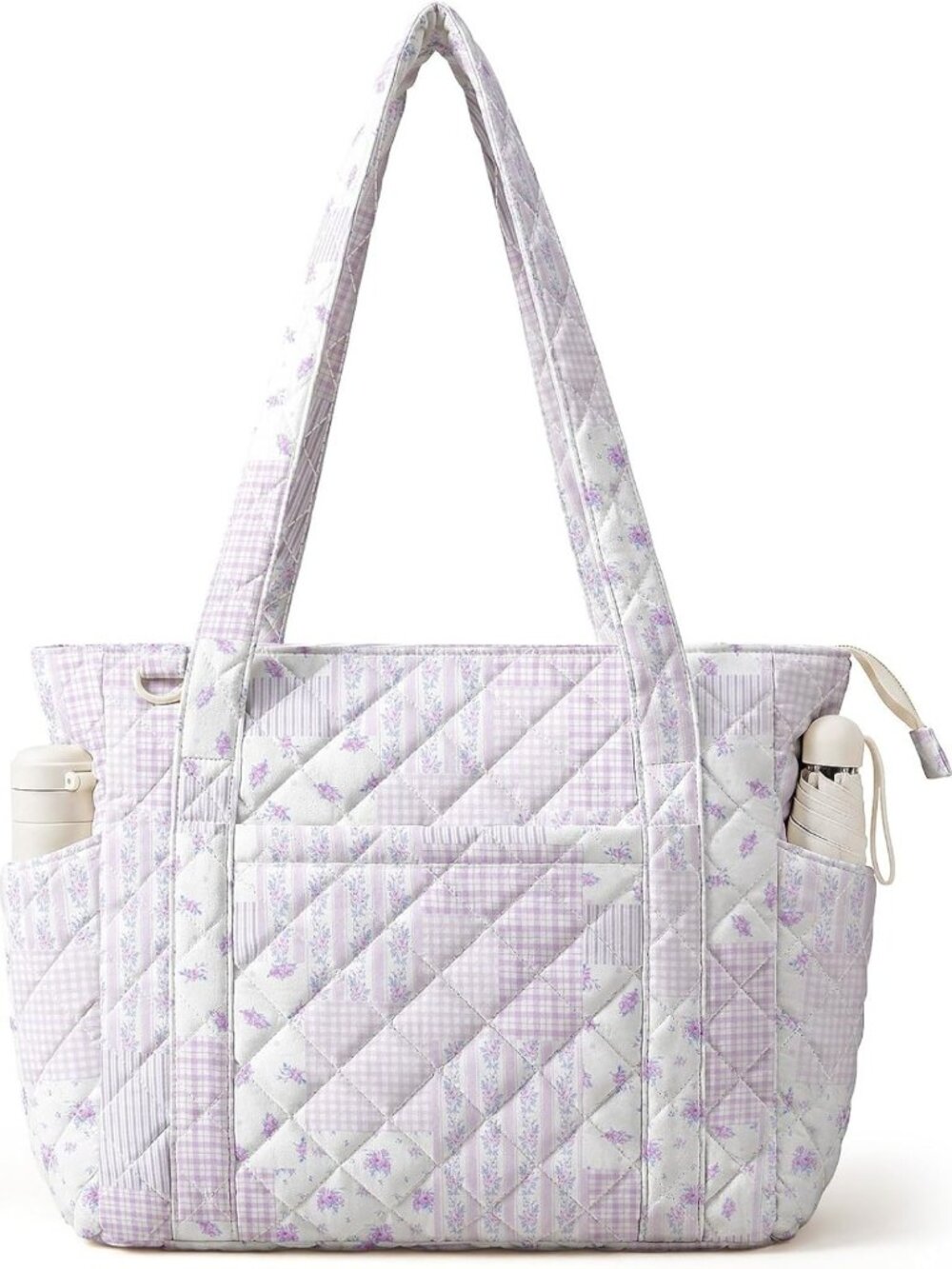 Floral Quilted Tote Bag for Women - Stylish Zippered Shoulder Bag for Work